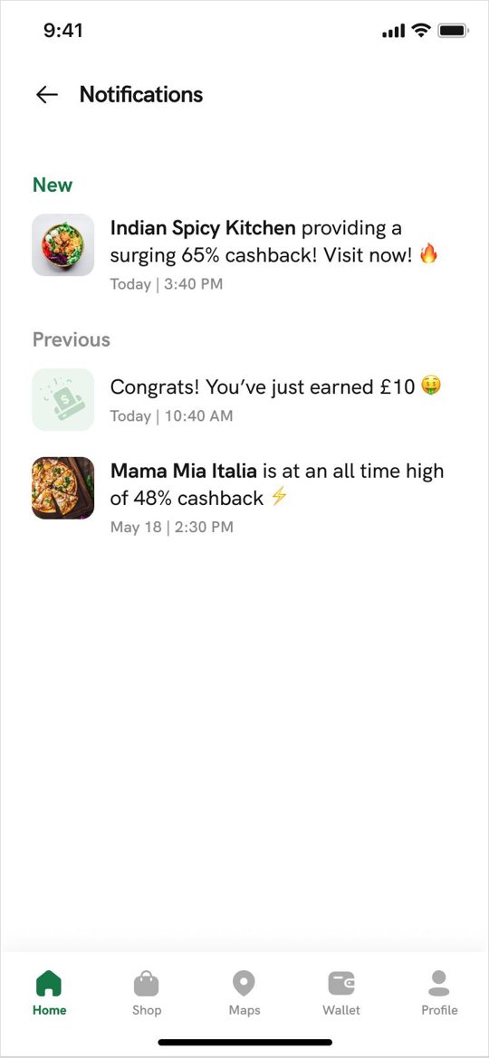 Tuck notifications showing new offers and a cashback confirmation