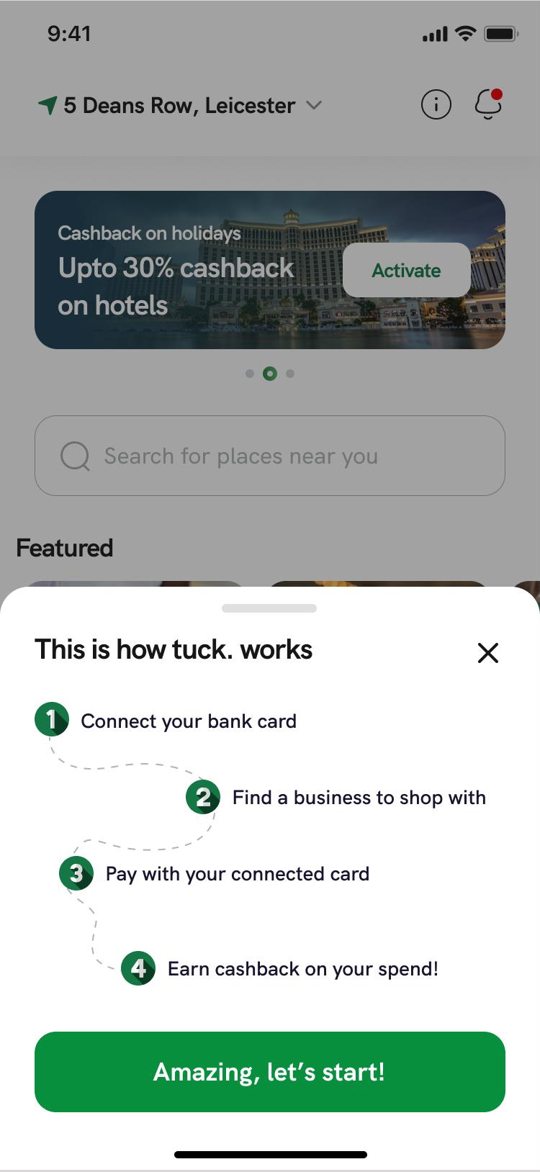 Tuck four-step cashback explanation in a bottom sheet