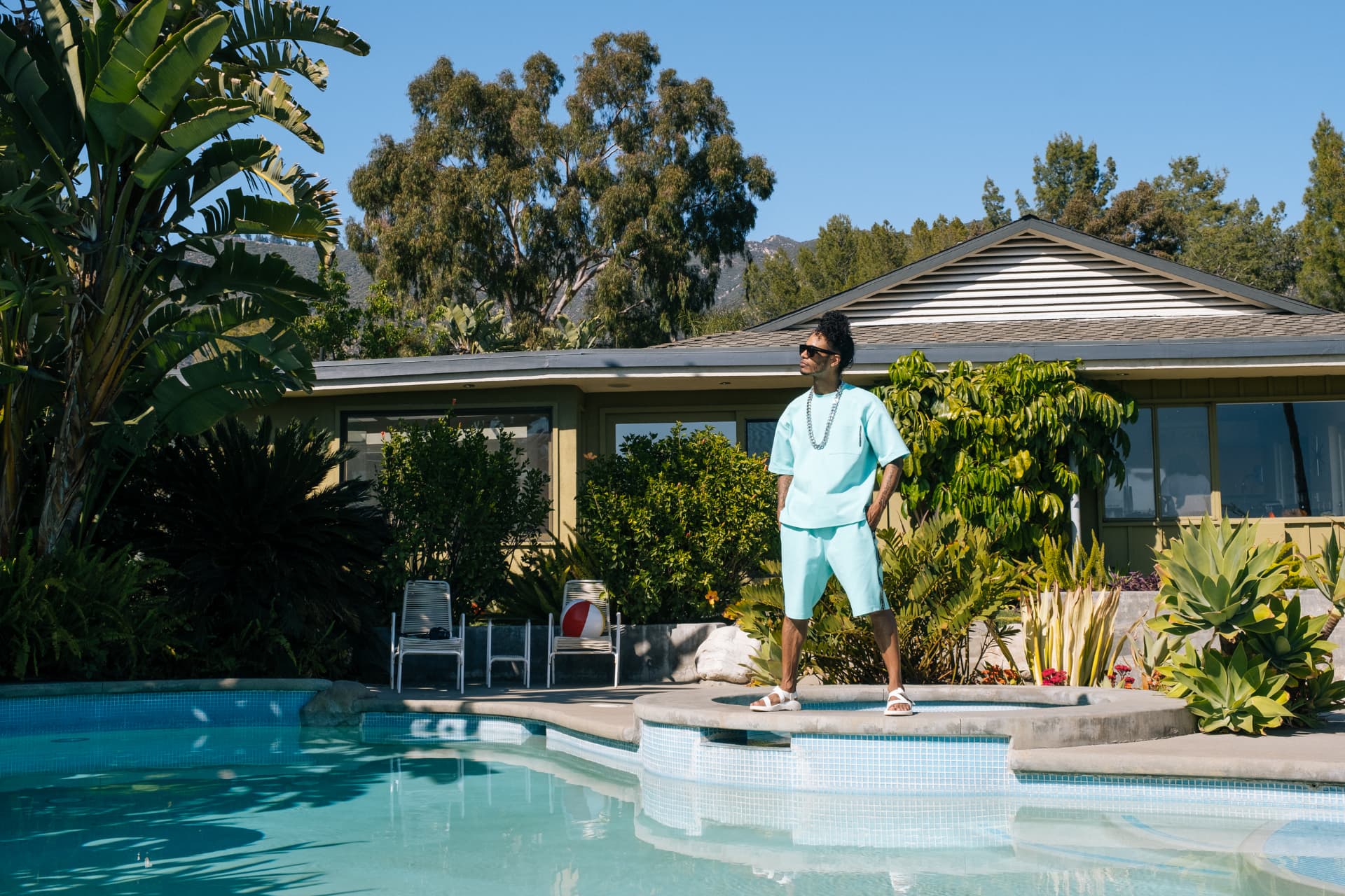 Mint terry short set photographed poolside