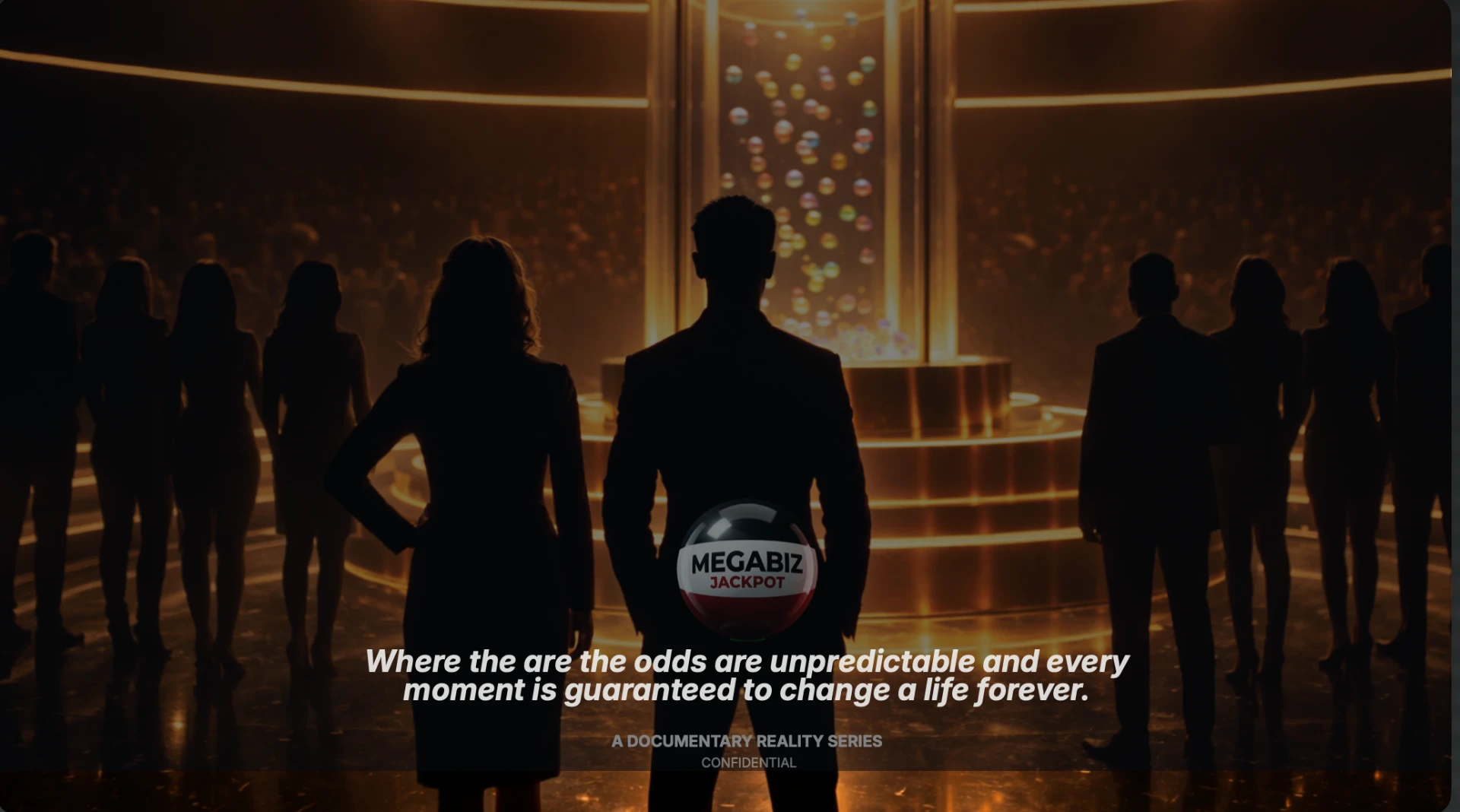 MegaBiz Jackpot key-art: silhouettes gathered before a glowing lottery drum