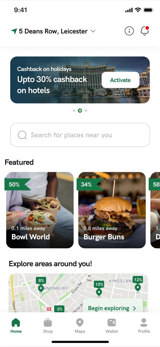 Tuck home screen with location, featured cashback offers, search, and nearby map