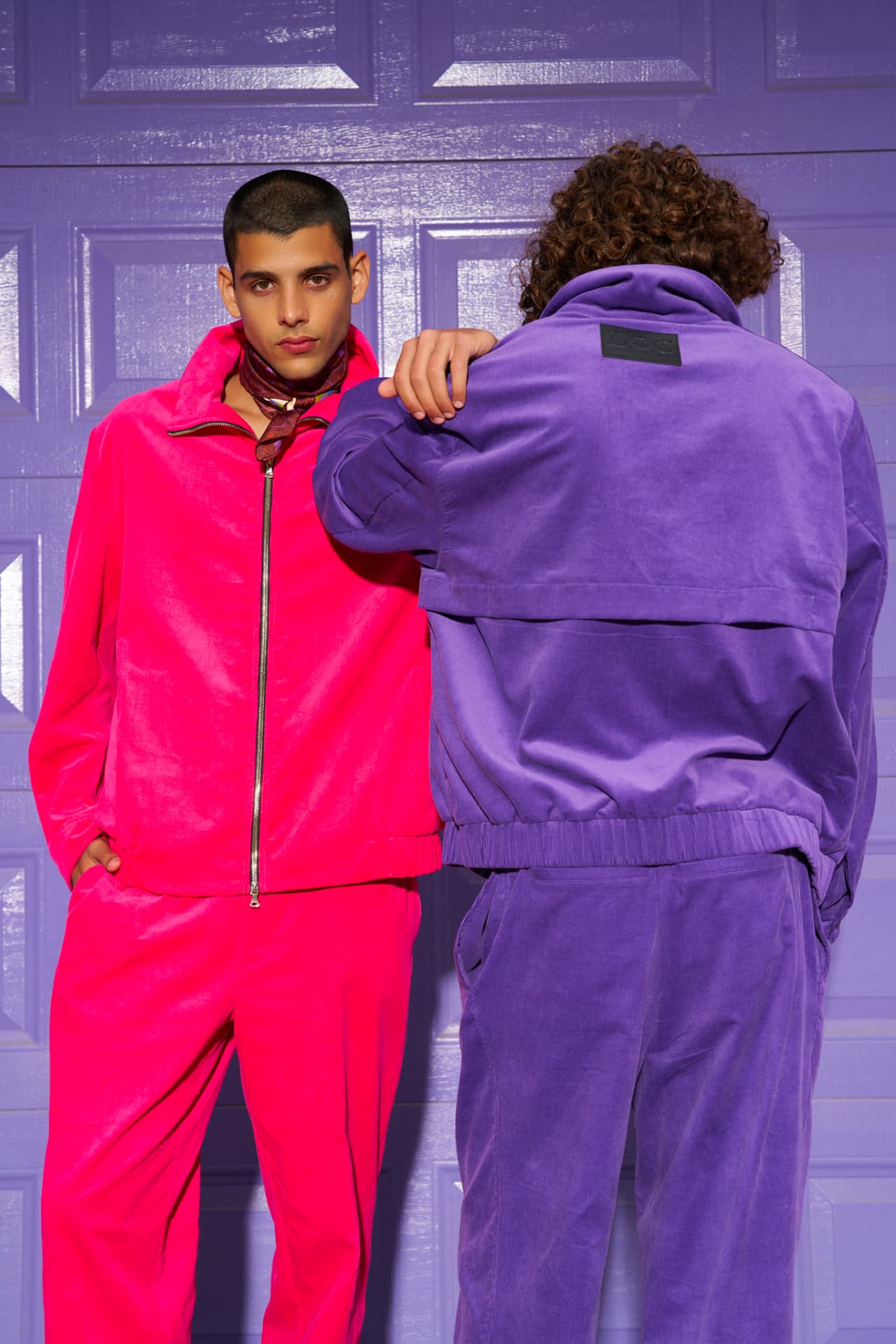Pink and purple corduroy sets, front and back detail