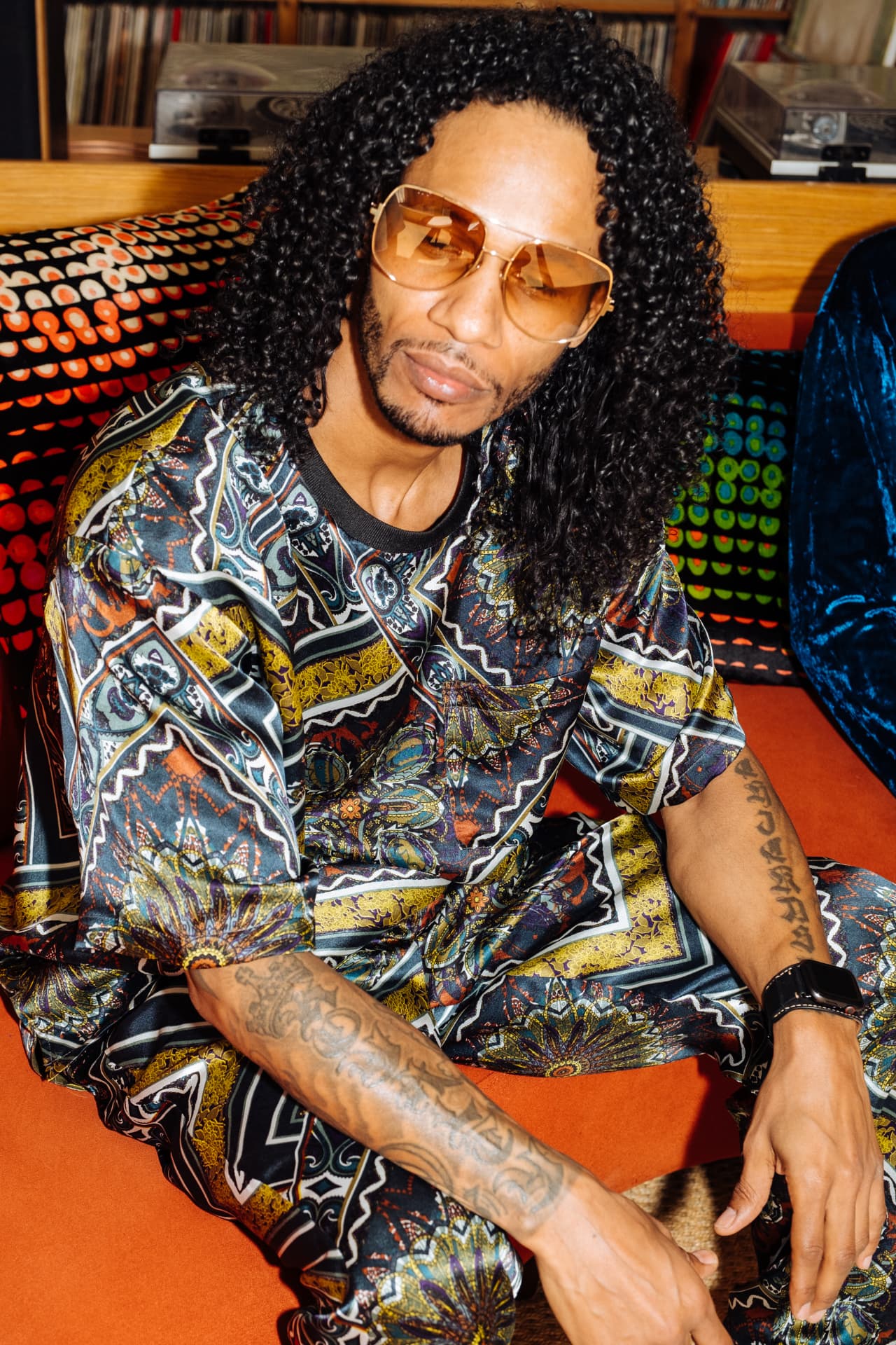Paisley silk set portrait, shot in a record room