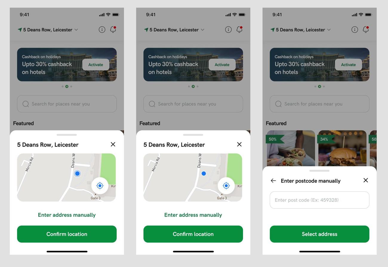 Tuck location selection screens showing map confirmation and manual postcode entry