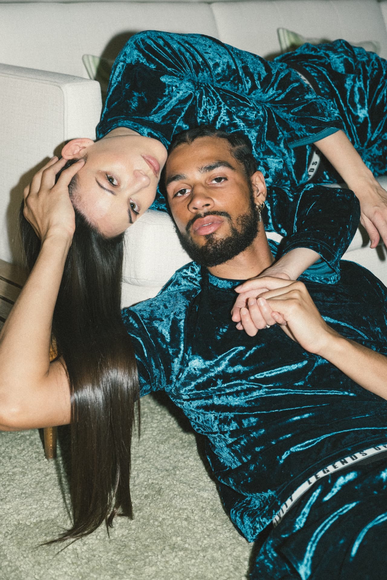 Teal crushed-velvet sets styled as a pair