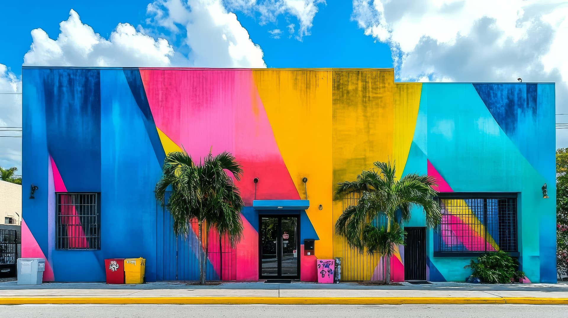 A brightly painted Wynwood Miami building facade with geometric color blocks and palm trees.