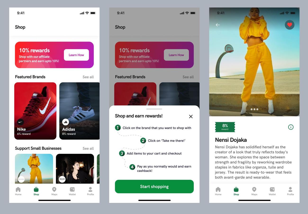 Tuck shopping screens showing featured brands, the shopping rewards guide, and a brand detail page