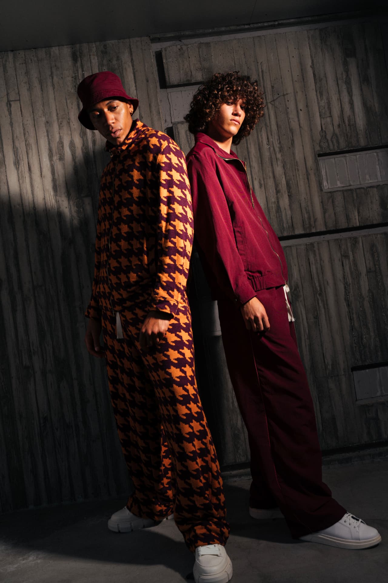 Houndstooth and maroon corduroy sets styled as a pair