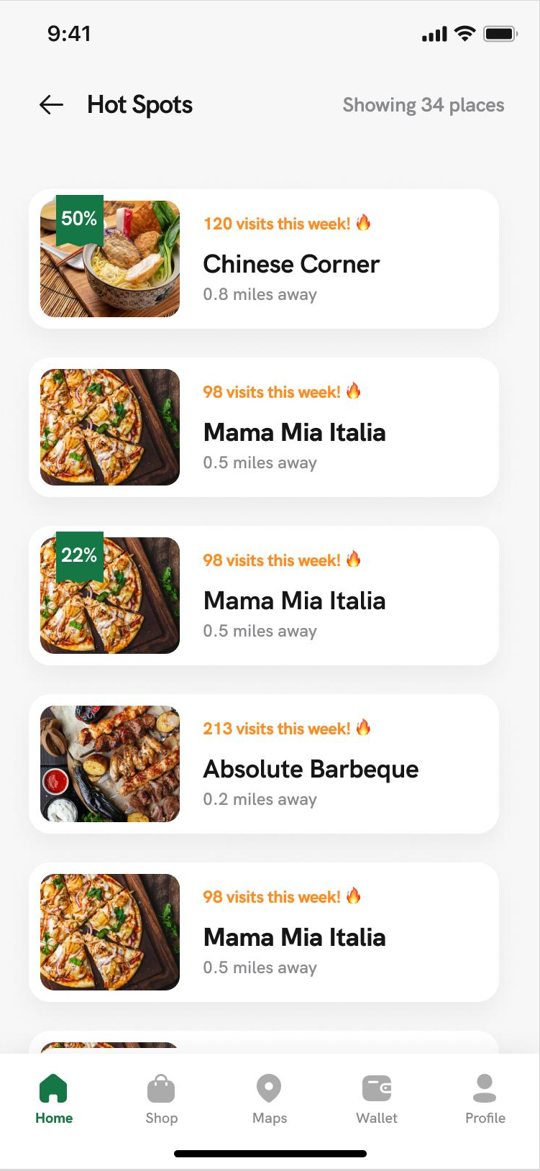 Tuck Hot Spots merchant list with photos, distances, and offer labels