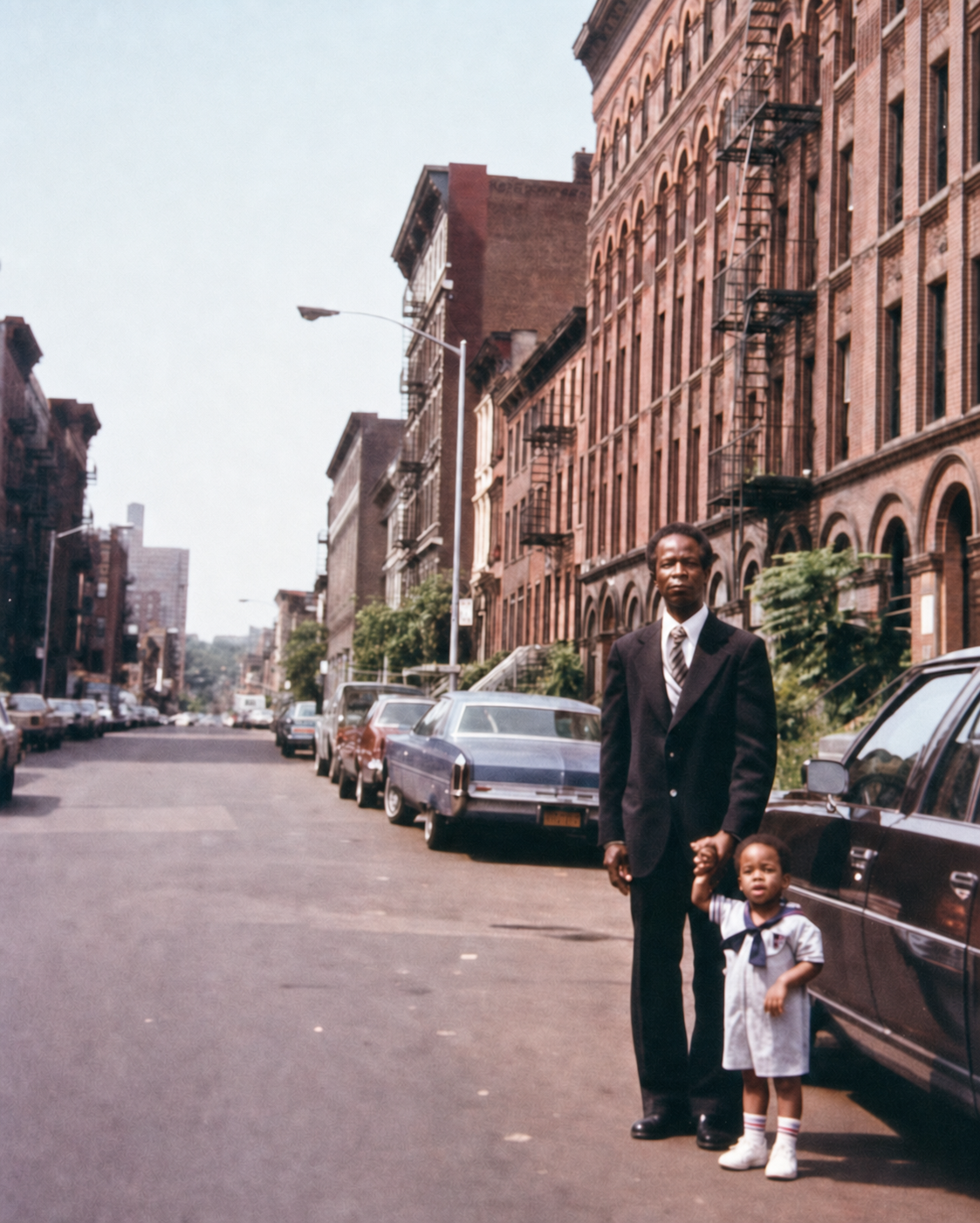 Vern Harris as a child with his father on a Harlem street in New York.