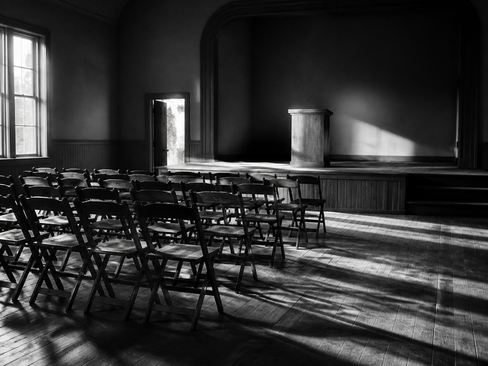 An empty community hall at golden hour: rows of wooden folding chairs facing a low stage, daylight across the floorboards